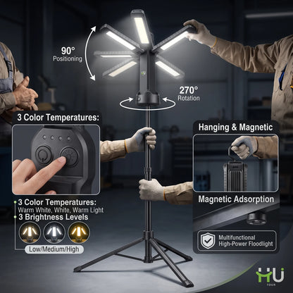 HU Tour Super Bright Work Light – Folding LED Tower Light with Adjustable Panels, 270°/90° Rotation and Telescoping Pole