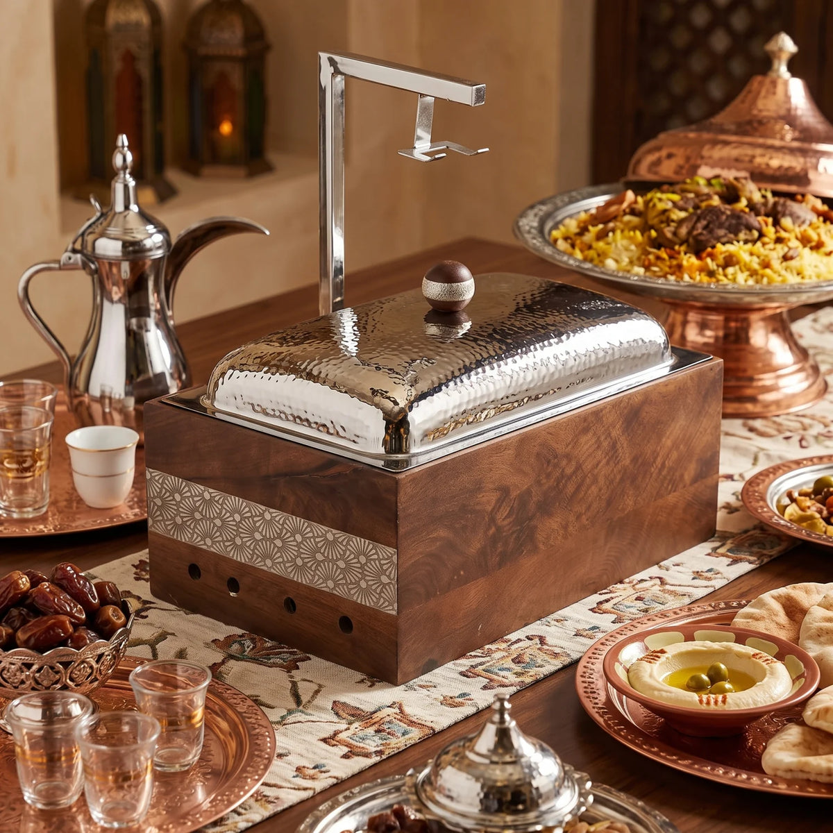Dallah Addar Luxury Rectangular Wooden and Steel Chafing Dish – 48 x 24 x 39cm | Decorative Serving Piece with Ornamental Detail