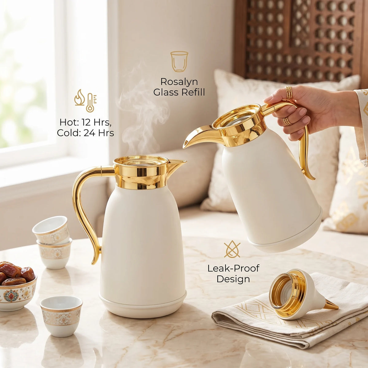 Najib 2-Piece White Gold Premium Vacuum Flask Set – 1.0L + 1.0L | Arabic Design for Tea and Coffee
