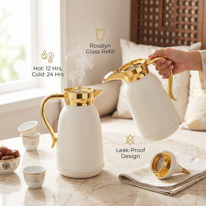 Najib 2-Piece White Gold Premium Vacuum Flask Set – 1.0L + 1.0L | Arabic Design for Tea and Coffee