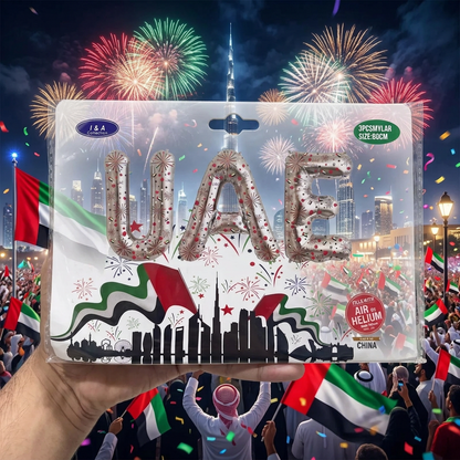 UAE National Day Balloon Set – 3PCS 80CM Mylar Foil Letter Balloons | Silver UAE Design in Red, Green, Black & White for Air or Helium