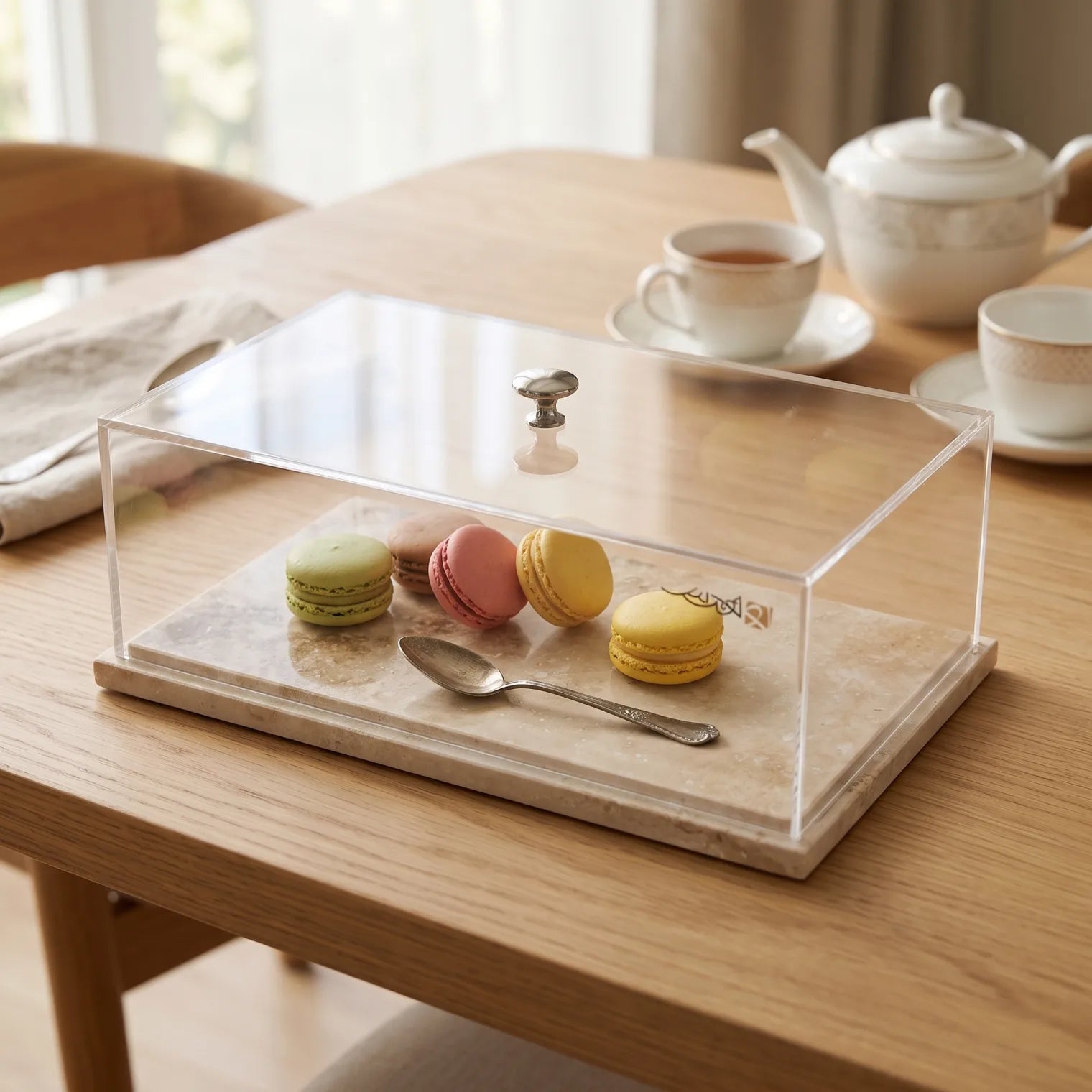 Natural Travertine Marble Stand with Acrylic Top – 13 x 20 x 30 cm | Clear Covered Serving Tray with Silver Knob
