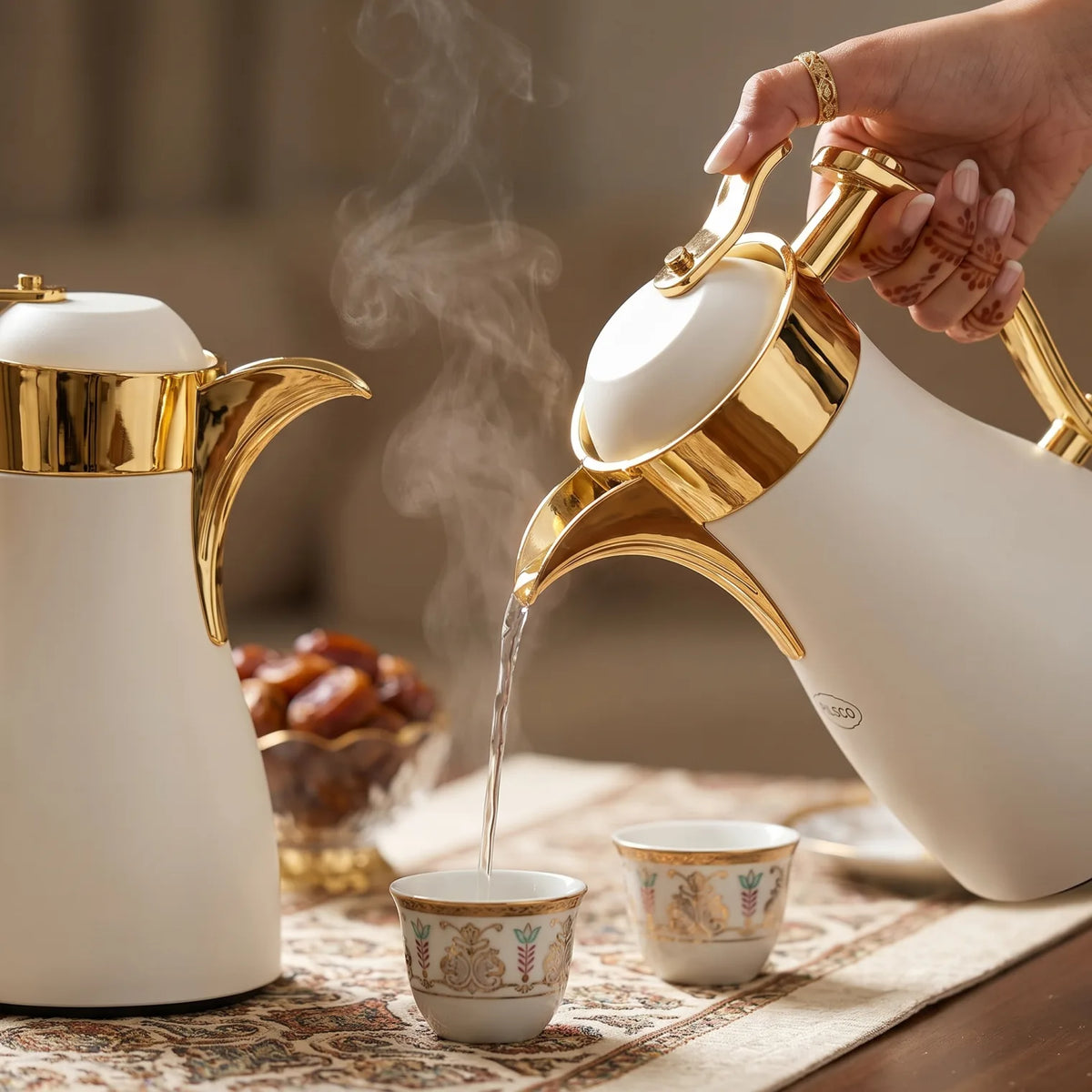 Pilsco 2-Piece White Gold Premium Vacuum Flask Set – Arabic Design, 0.7 + 1.0 L, Leak Proof, Hot & Cold Insulation