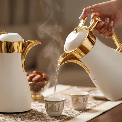Pilsco 2-Piece White Gold Premium Vacuum Flask Set – Arabic Design, 0.7 + 1.0 L, Leak Proof, Hot & Cold Insulation