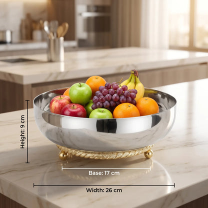 Decorative Silver Metal Fruit Bowl – Ornate Gold-Toned Pedestal Base | Small, Medium or Large Raised Serving Bowl for Fruit, Salads and Centerpieces - Small - Image 3