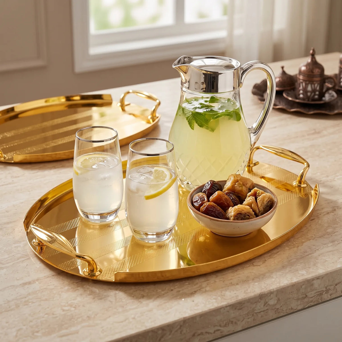 Ansa 3-Piece Glossy Golden Oval Metal Serving Tray Set | Textured Handles and Striped Surface Patterns