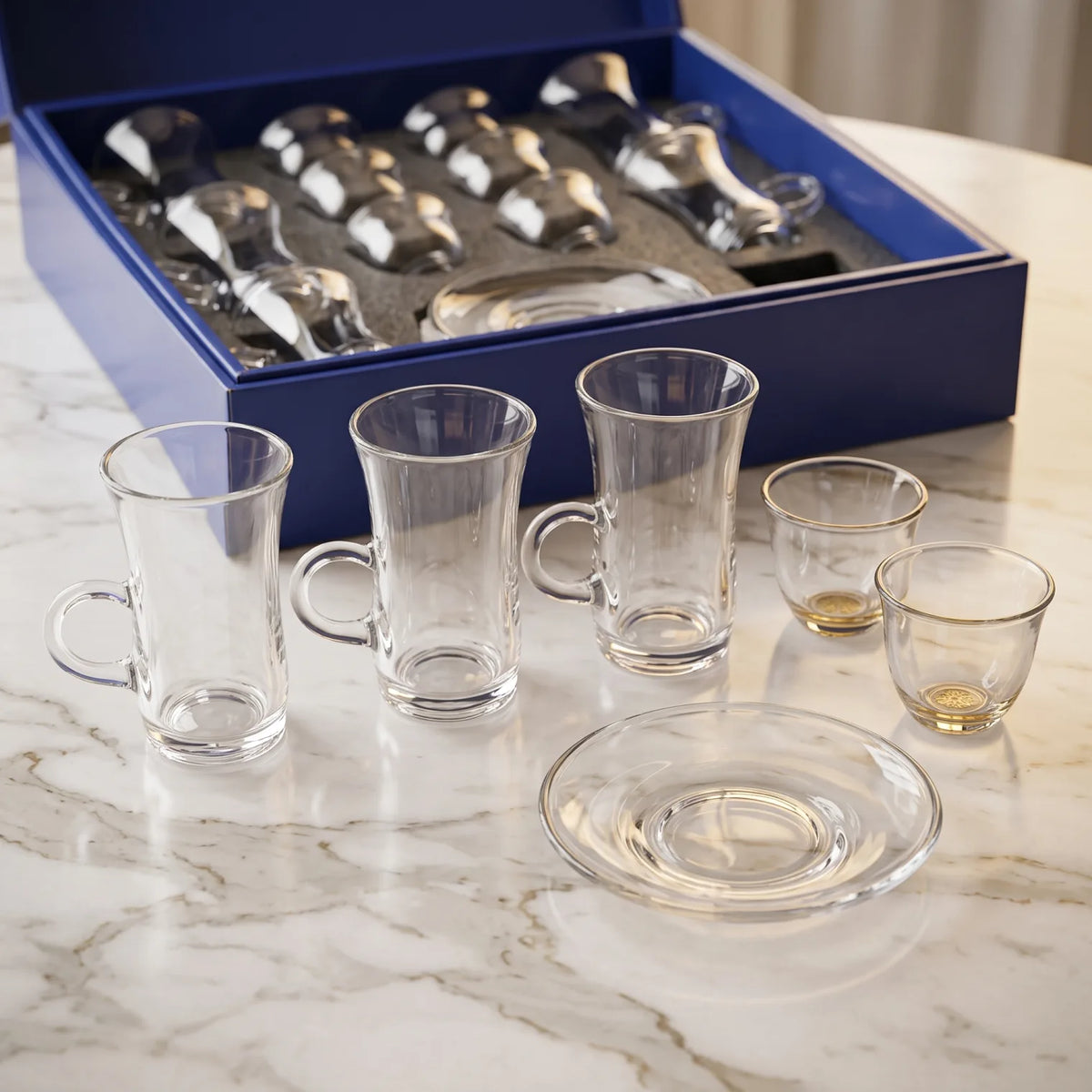 Crystal House 18-Piece Glass Tea & Coffee Set | 6 Tea Cups, 6 Saucers & 6 Arabic Coffee Cups | Clear Glassware in Fitted Box