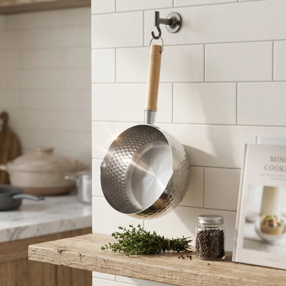 18 CM Stainless Steel Sauce Pan with Wooden Handle and Hanging Loop – Textured Exterior Japanese Cooking Pan