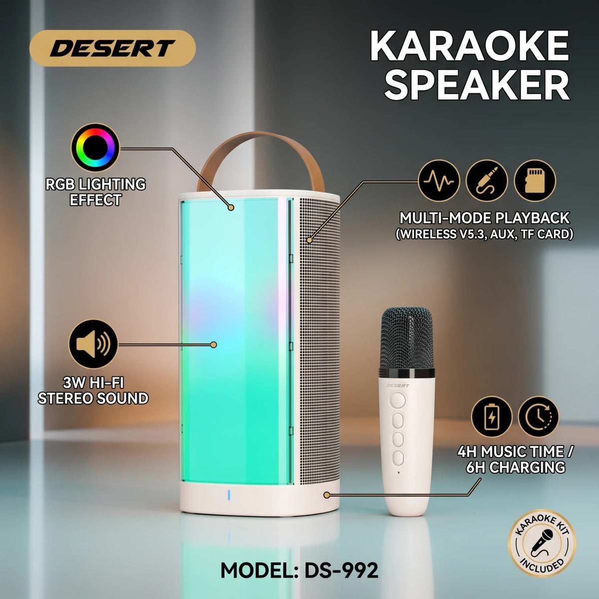 DESERT ADAPTIVE AUDIO WIRELESS SPEAKER DS-992 – Karaoke RGB Speaker | 3W Wireless V5.3 | AUX, TF Card and 4H Music Time