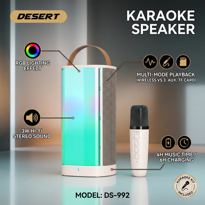 DESERT ADAPTIVE AUDIO WIRELESS SPEAKER DS-992 – Karaoke RGB Speaker | 3W Wireless V5.3 | AUX, TF Card and 4H Music Time