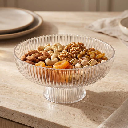 Glass Pedestal Serving Bowl with Fluted Sides – 15 cm Clear Footed Bowl for Dry Fruits and Nuts, 6 cm Base