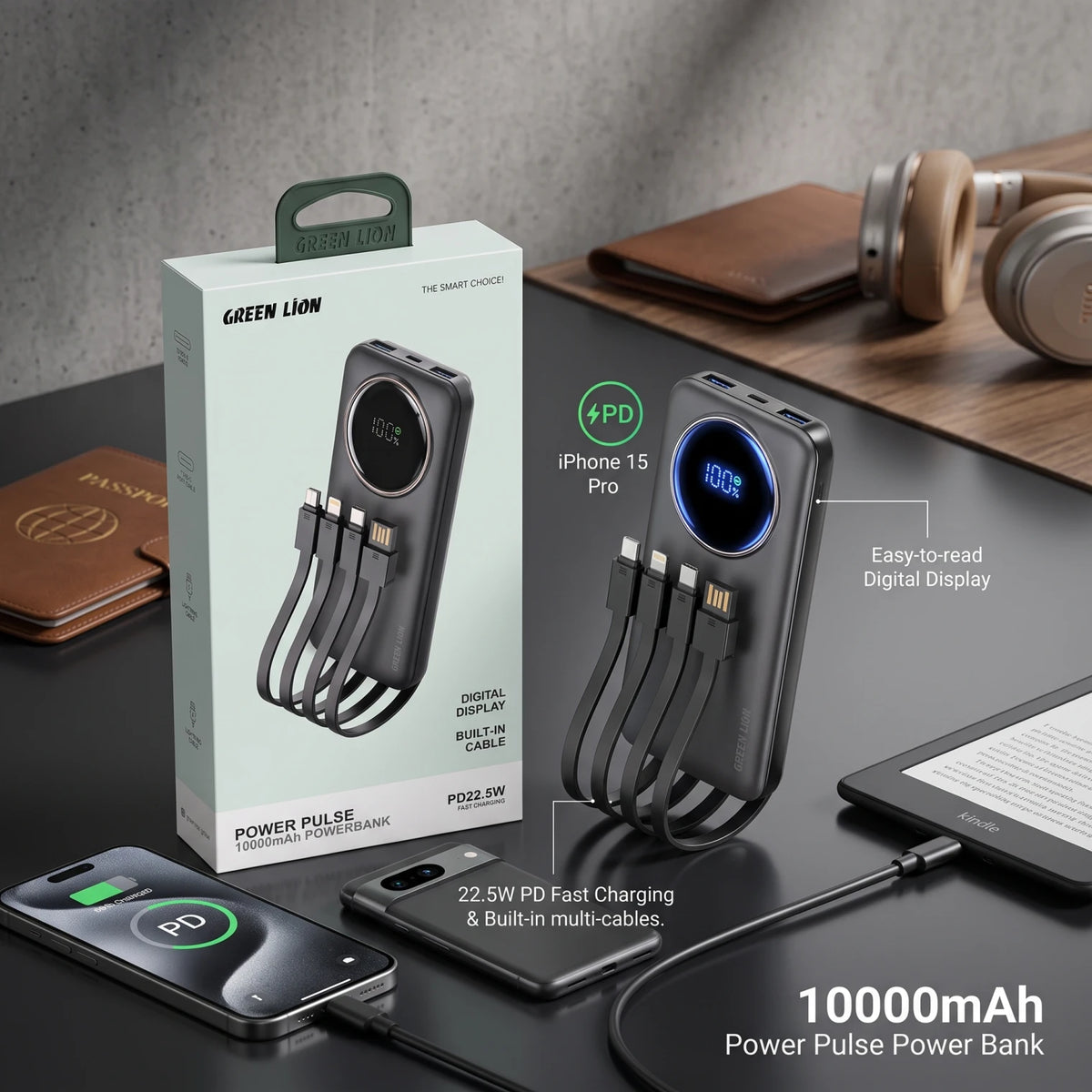 GREEN LION POWER PULSE 10000mAh Power Bank – 22.5W PD Fast Charging, Digital Display & Built-In Charging Cable for Everyday Use