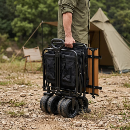 Collapsible Heavy-Duty Outdoor Utility Wagon – 93 x 60 x 95cm | Removable Wooden Tabletop, Four Wheels and Folding Frame for Camping