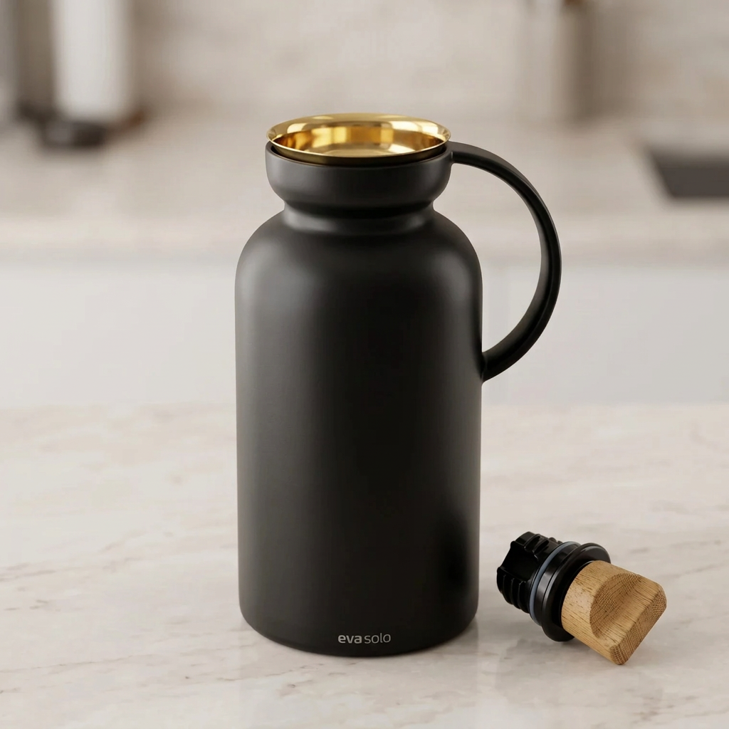 Eva Solo Black Silhouette Vacuum with Brass Pouring Lip – 1.0 Litre | Leak Proof, Keeps Drinks Hot or Cold