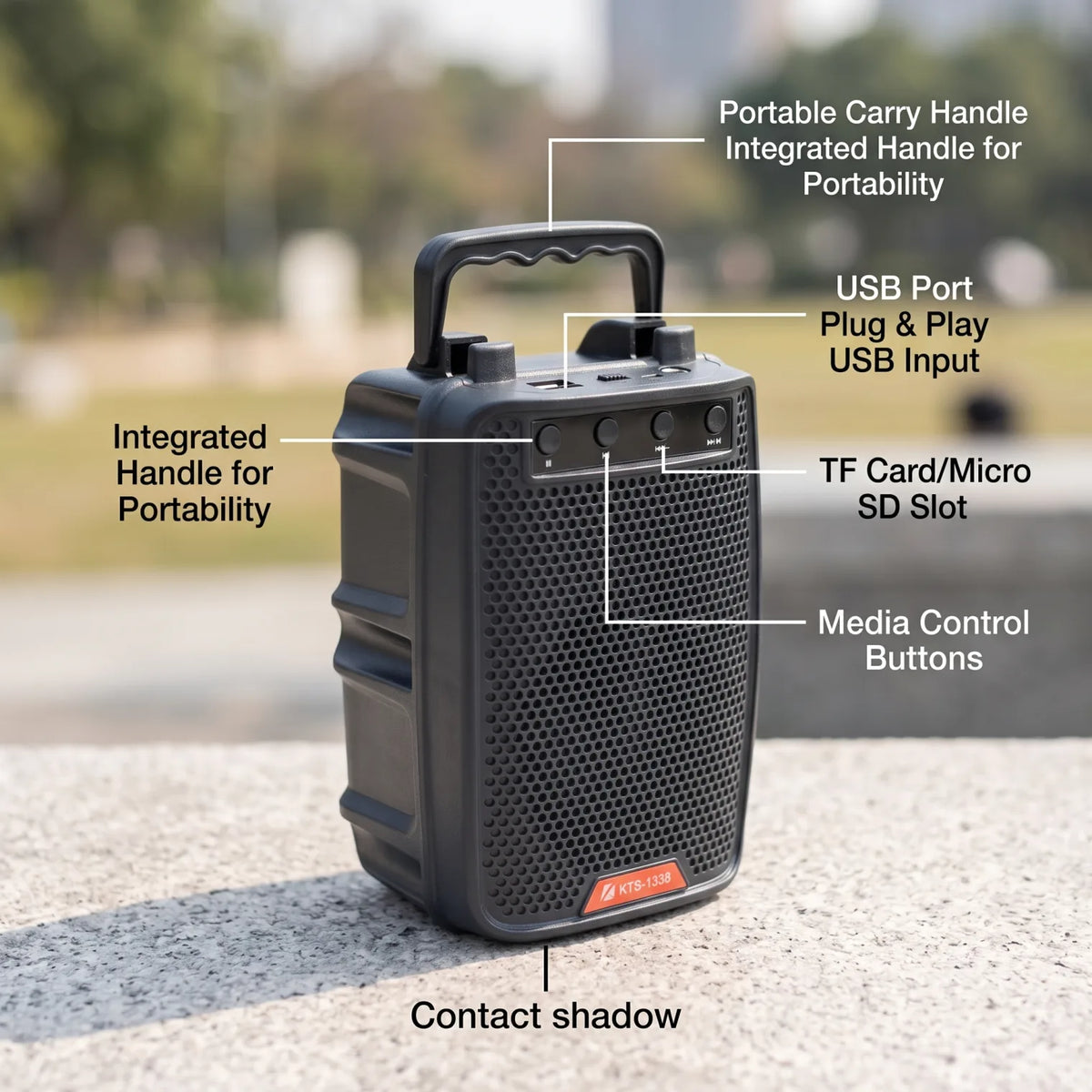 KBroad Wireless Speaker KTS-1338 – Portable Audio Speaker with Carrying Handle, USB Port, TF Card Slot, Media Controls and Orange Accent