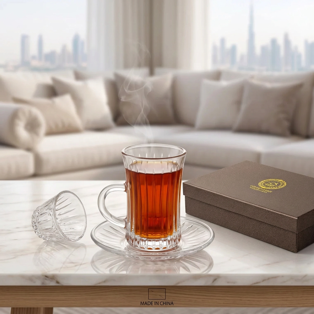 Golden Home 36-Piece Glass Cups and Saucers Set – 12 Tea Cups, 12 Arabic Coffee Cups, 12 Saucers | Clear Ribbed Design for Serving