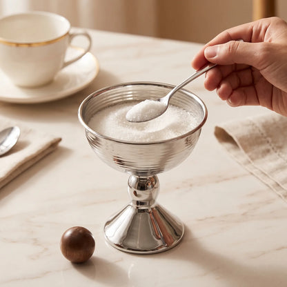 Silver Metal Sugar Bowl with Pedestal Base and Wooden Knob – 24cm Decorative Tabletop Sugar Container