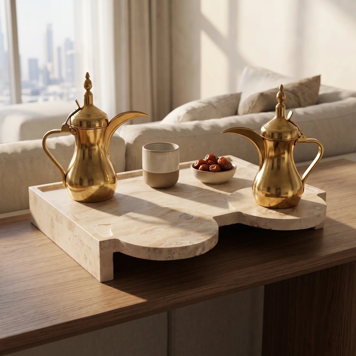 Natural Travertine Stone 2Dallah Stand – 6cm x 33cm x 40cm | Stone Surface for Dallah Presentation