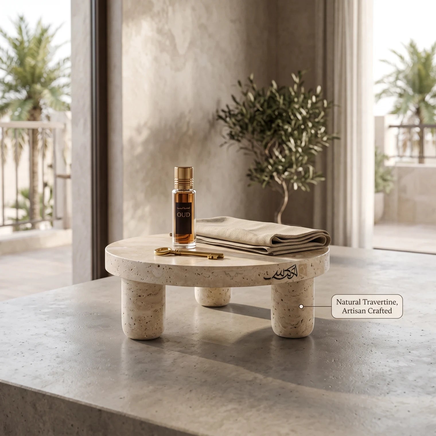 Natural Travertine Marble Stand with Round Legs – 6 x 17 x 17 cm | Cream-Beige Textured Round Stand