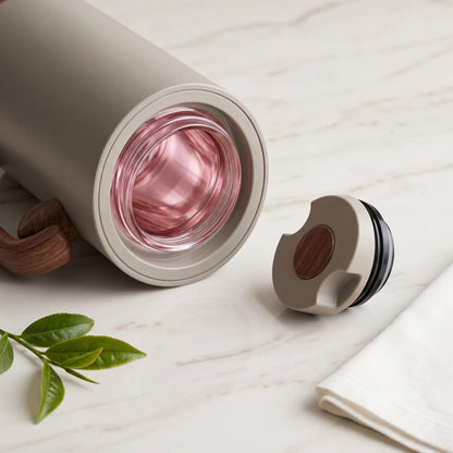MAHRA Modern Grey vaccum flask – 0.8L | Wood Grain Handle and Base | Leak-Proof Tea and Coffee Flask