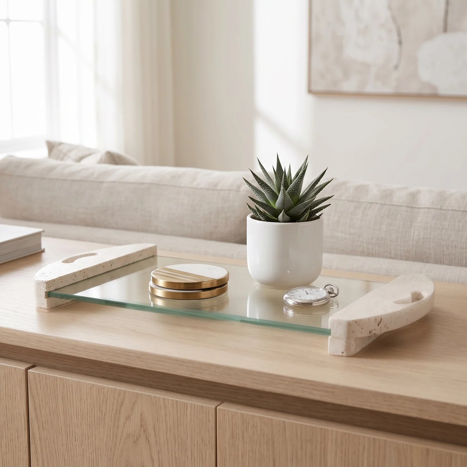 Glass Stand with Marble Legs and Hands – 4 × 22 × 48 cm | White Display Unit