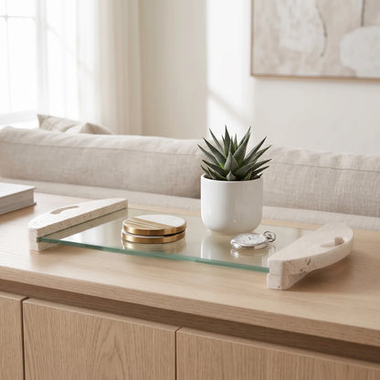 Glass Stand with Marble Legs and Hands – 4 × 22 × 48 cm | White Display Unit