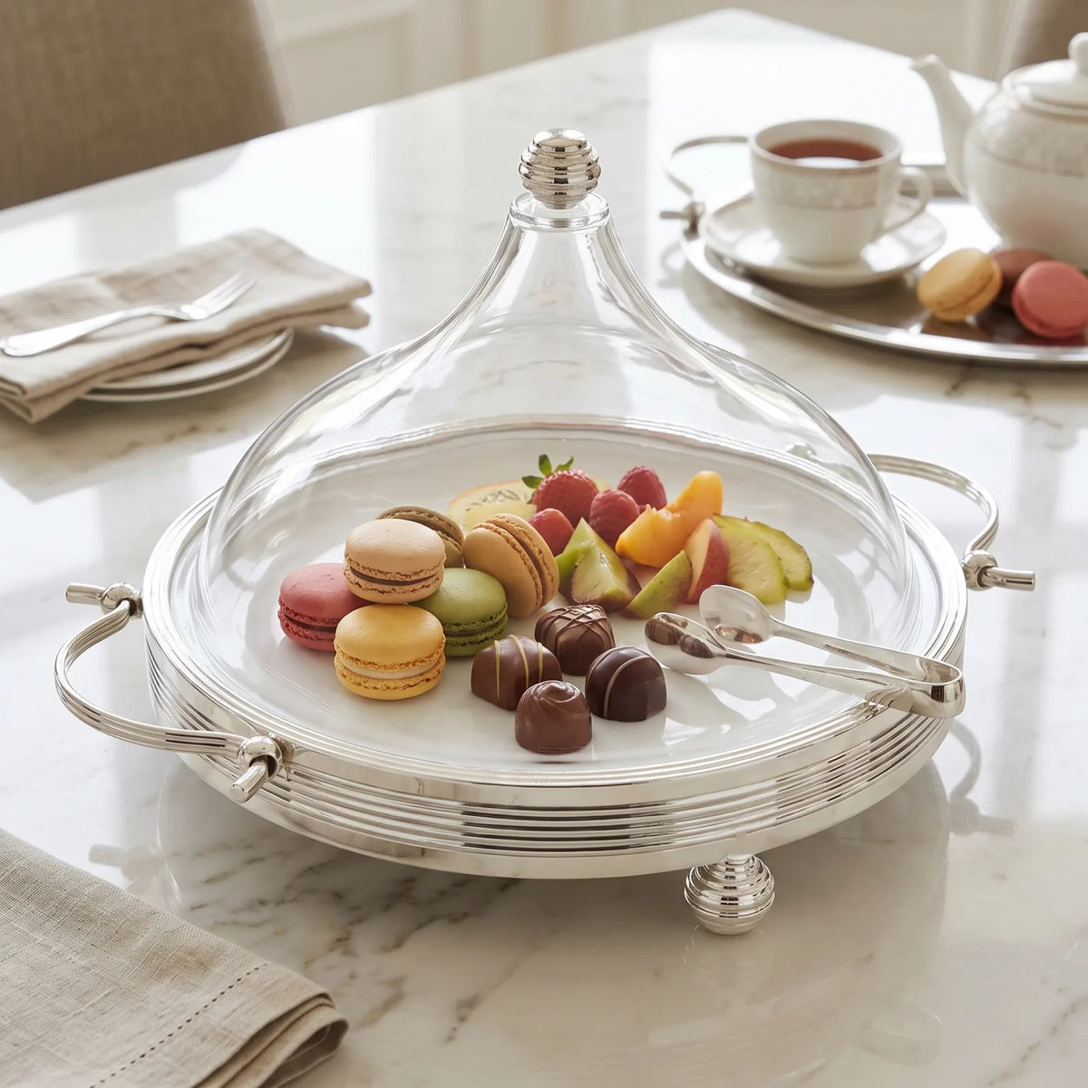 Ansa Premium Silver Serving Tray with Domed Acrylic Cover – Small & Medium Sizes | Raised Dessert Stand for Cakes, Fruits, Sweets and Chocolates - Silver / Medium - Image 3