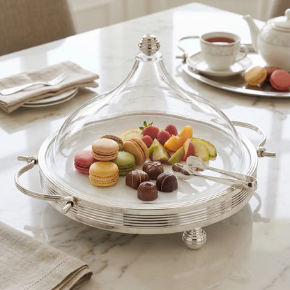 Ansa Premium Silver Serving Tray with Domed Acrylic Cover – Small & Medium Sizes | Raised Dessert Stand for Cakes, Fruits, Sweets and Chocolates - Silver / Medium - Image 3