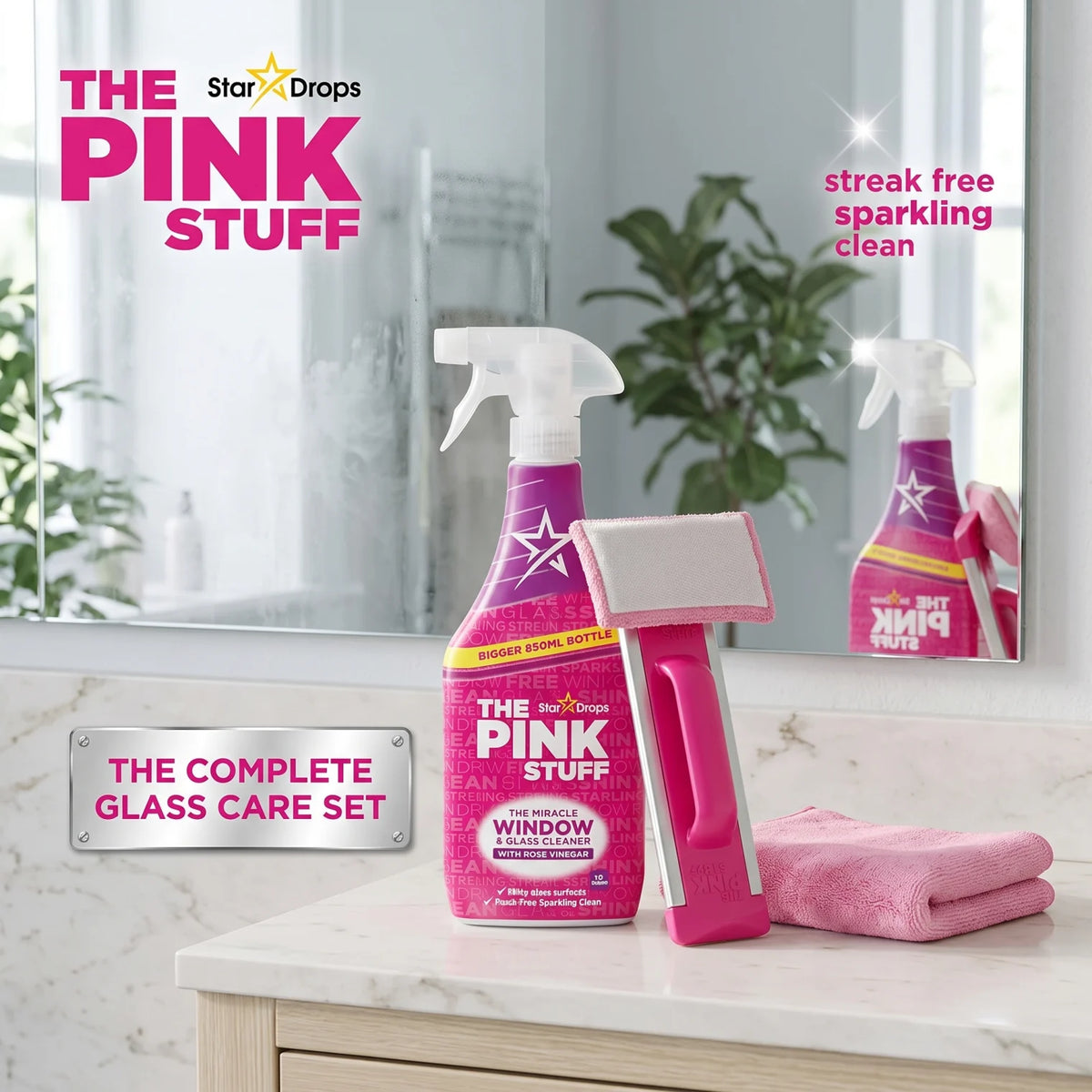 The Pink Stuff The Miracle Window Cleaning Kit with Rose Vinegar – 850ml Spray, Window Handle & 2 Reusable Microfibre Pads for Shiny Glass