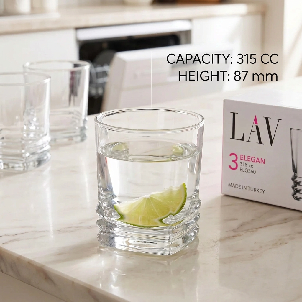 طقم أكواب LAV زجاجية من 3 قطع – سعة 315 cc، ارتفاع 87 مم، شفافة، آمنة لغسالة الصحون، صناعة تركية، بتصميم مستقيم الجوانب