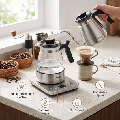 LePRESSO BrewWave Gooseneck Electric Kettle – 0.8L Stainless Steel | Digital Temperature Control | Keep Warm Mode | Temperature Display