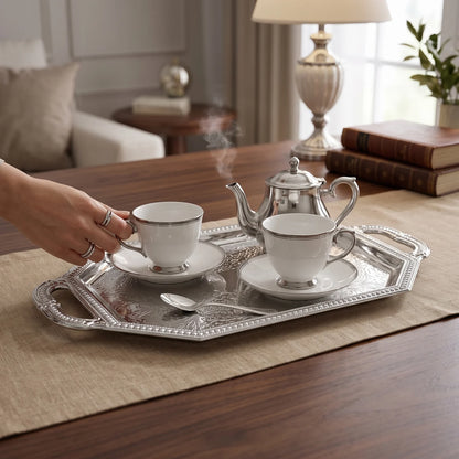 Ornate Silver-Toned Octagonal Serving Tray – 21 x 11 x 1 cm | Textured Handles | Embossed Patterned Base