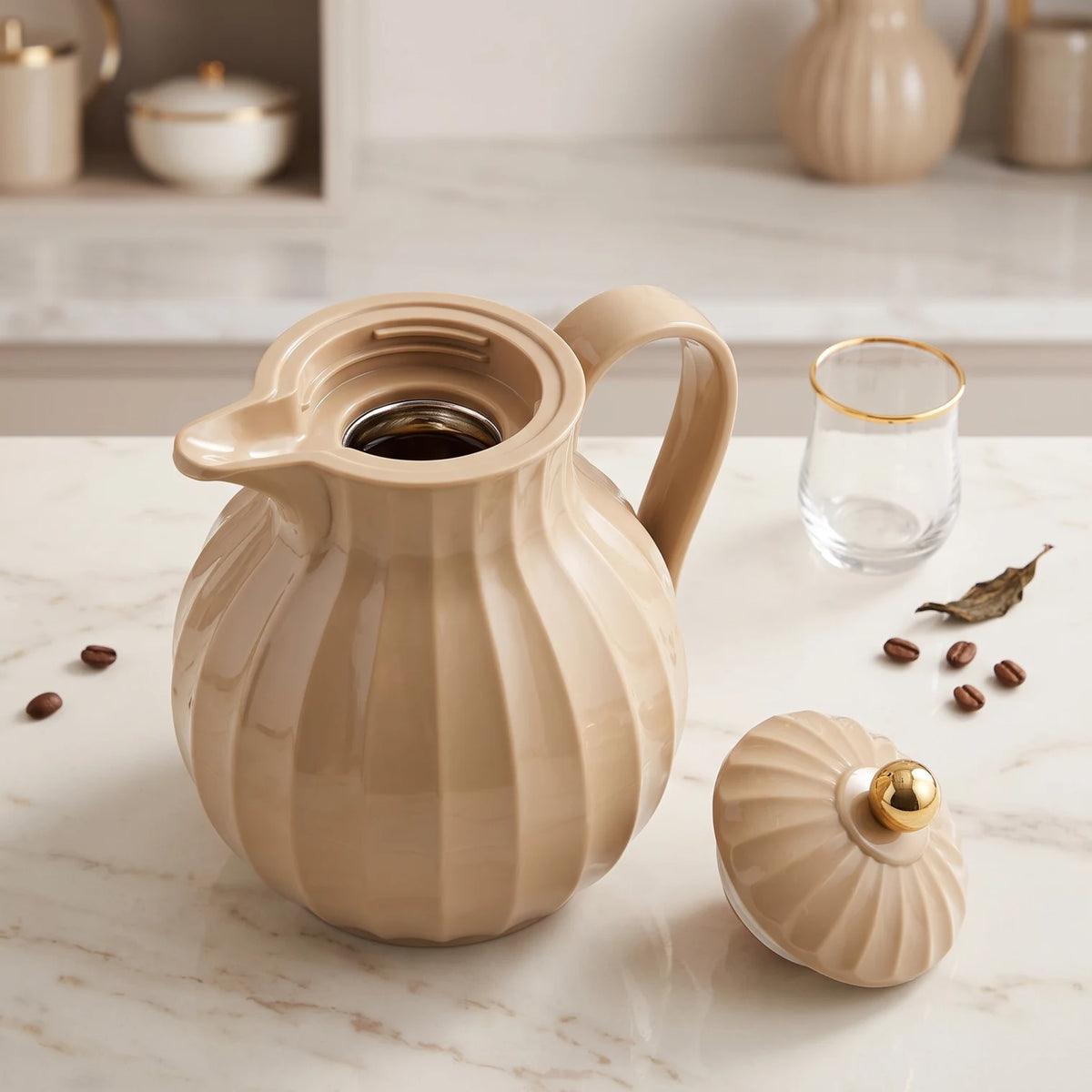 Legend Beige Fluted Thermal Jug – 0.6 Liters | Keeps Hot 12 Hours & Cold 24 Hours | Leak-Proof Tea and Coffee Server