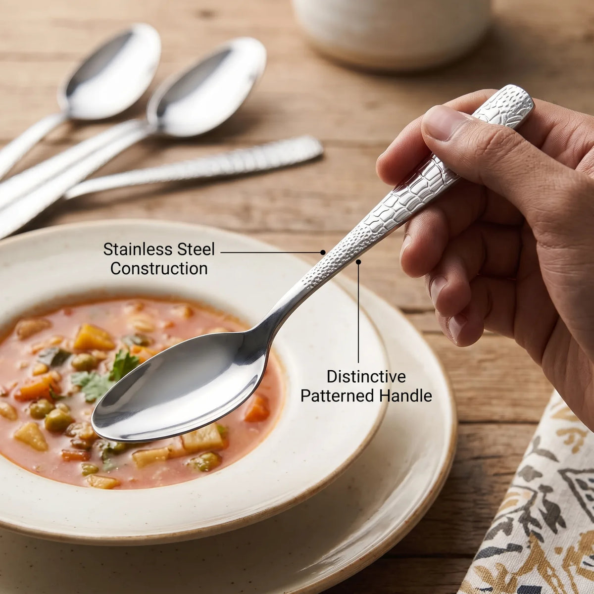 GARSON Stainless Steel Dinner Spoons, 6-Piece Set – Silver Tableware with Patterned Handles for Everyday Dining