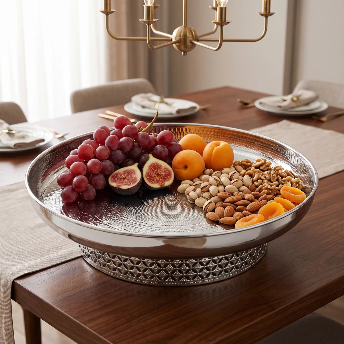 Silver-Toned Metal Serving Tray with Decorative Cutout Pedestal Base – 34 x 34 x 9 cm Raised Fruit and Nut Display Platter