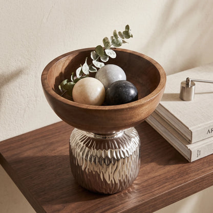 Decorative Bowl with Wooden Top and Metal Base – 22 cm Height, 20 cm Width x 20 cm Length | Pedestal-Style Home Display