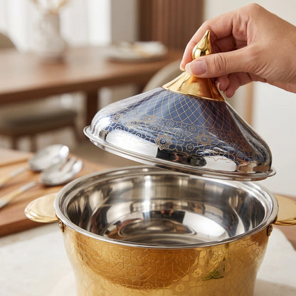 BOHARA 2 liters Hot Pot – Ornate Lidded Design with Side Handles, Reflective Multicolour Finish and Intricate Geometric Decorative Pattern