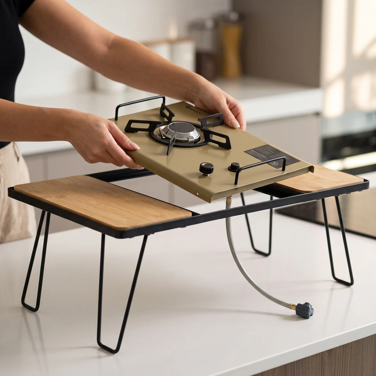 HORIZON 1 IGT STOVE + 1 IGT TABLE – Gas Cooktop Set with Multiple Burners, Black Grates, Control Knobs, Gas Connection and Wood-Grain Surface
