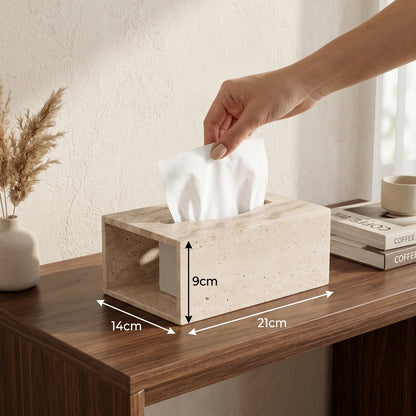 Travertine Stone Tissue Box – 9 x 14 x 21 cm Beige Cover with Top Tissue Opening