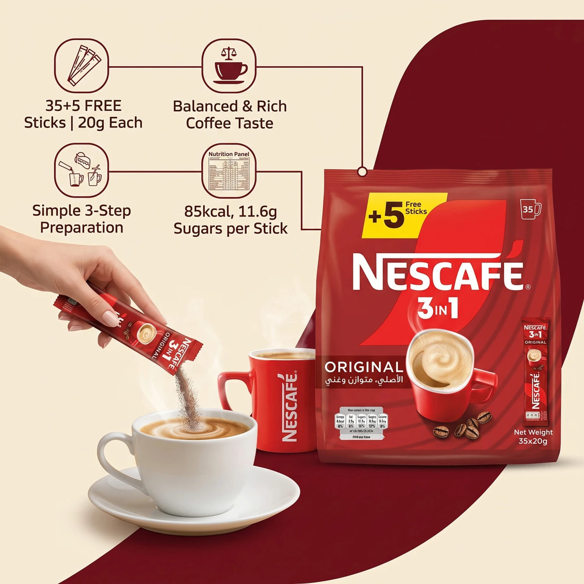 NESCAFÉ 3 IN 1 Original Instant Coffee Drink Mix, 35 Sticks x 20g | Balanced & Rich Coffee Sachets for Single-Cup Preparation
