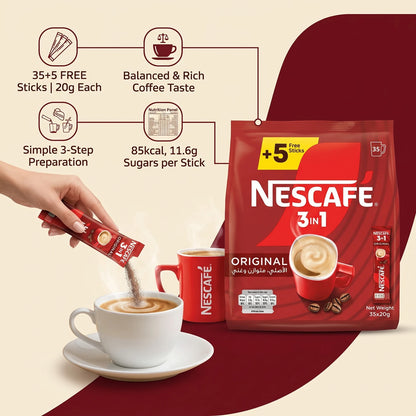 NESCAFÉ 3 IN 1 Original Instant Coffee Drink Mix, 35 Sticks x 20g | Balanced & Rich Coffee Sachets for Single-Cup Preparation