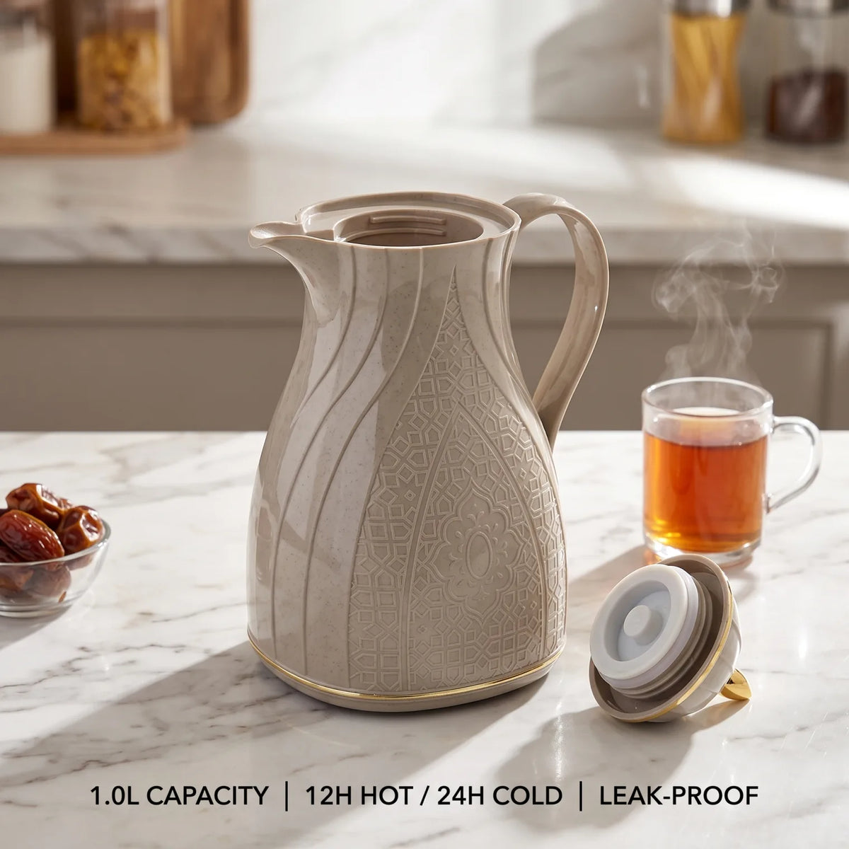 Rose Warm Grey Premium Vacuum Flask 1L – Arabic Geometric Design, Gold-Tone Accents, Leak-Proof Tea and Coffee Flask