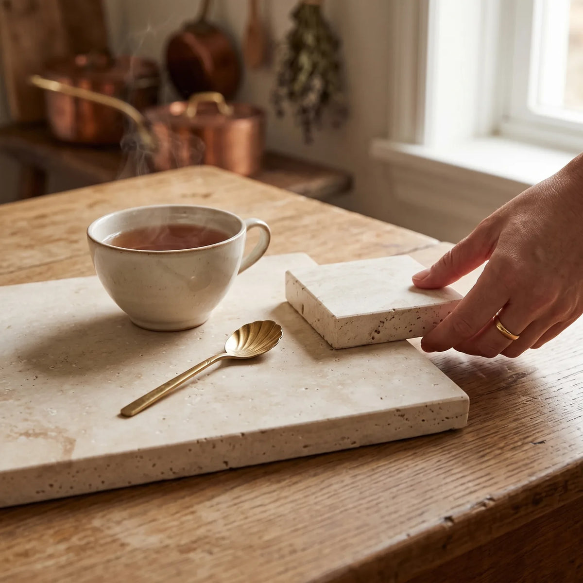 Natural Travertine Stone Serving Tray with Square Handles – 4 x 20 x 46 cm | Rectangular Beige Tray