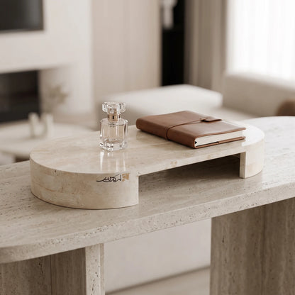 Oval Travertine Stone Stand with Round Bases – 5cm H x 17cm W x 37cm L