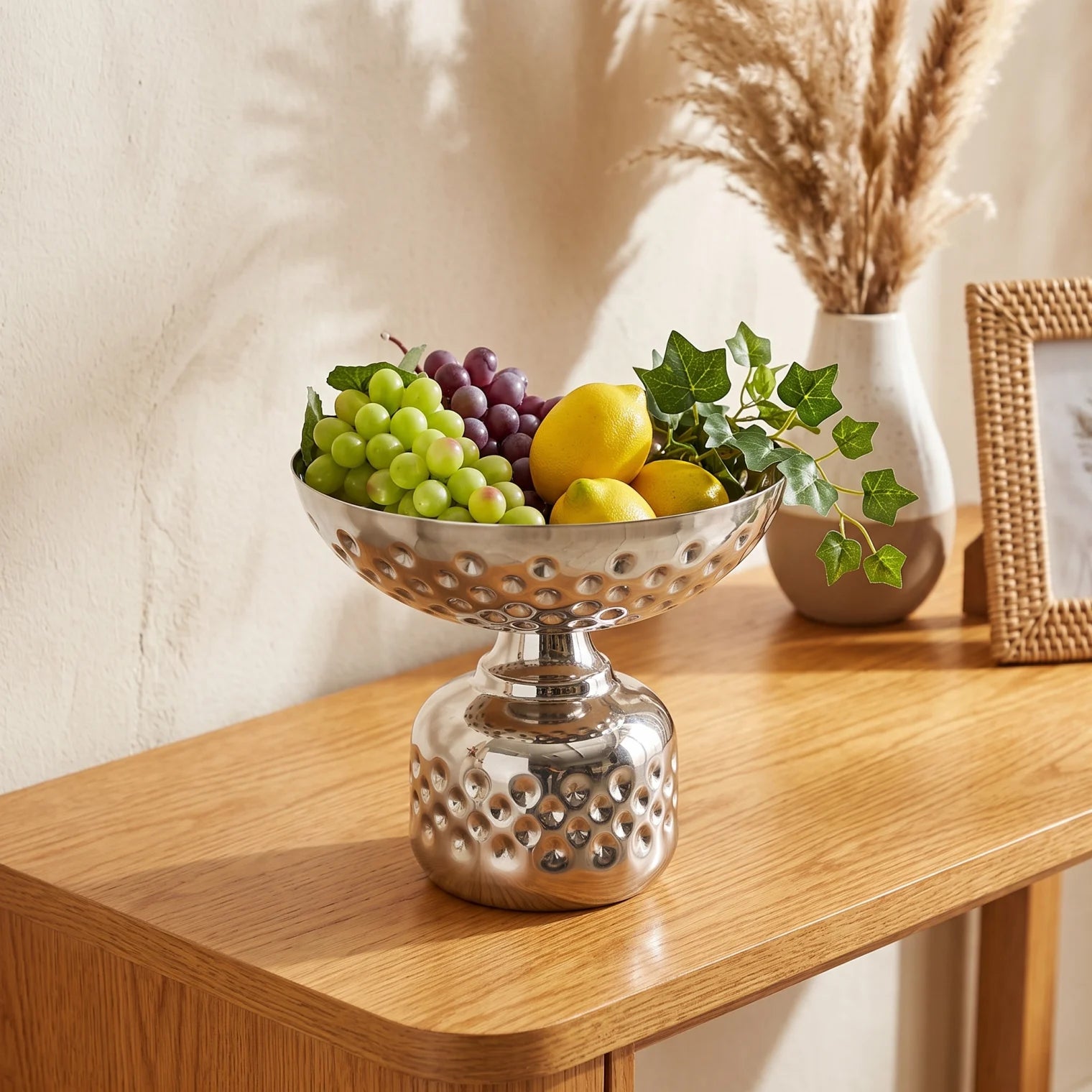 Silver Metal Decorative Fruit Bowl (Small) – 14 x 18 x 18 cm | Pedestal Design with Raised Leaf-Shape Details