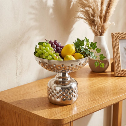 Silver Metal Decorative Fruit Bowl (Small) – 14 x 18 x 18 cm | Pedestal Design with Raised Leaf-Shape Details