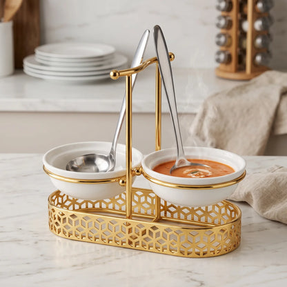 Pilsco Stainless Steel, ceramic white and golden Double Ladle Holder – Vertical Spoon Rest, Two Ceramic Areas, 19 x 11 x 22 cm Kitchen Stand - Design-2 - Image 3