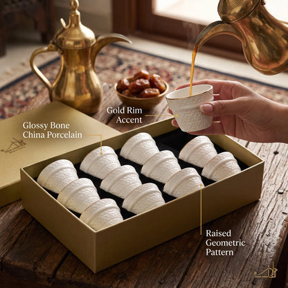 Dallah addar Arabic Moroccan bone china porcelain coffee cups 12 pieces set | White Glossy Cups with Gold Rim and Geometric Pattern
