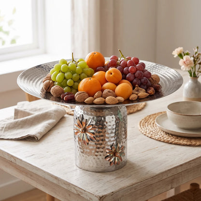 Silver Metal Round Plate with Detailed Flower Base – Extra Large 45cm Decorative Pedestal Tray for Display
