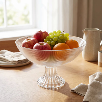 Clear Glass Pedestal Fruit Bowl 20cm – Textured Footed Base, Decorative Tabletop Display